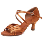 dark tan satin latin dance shoe for women with a woven multi-strand open toe vamp, crossed ankle straps and a rhinestone buckle