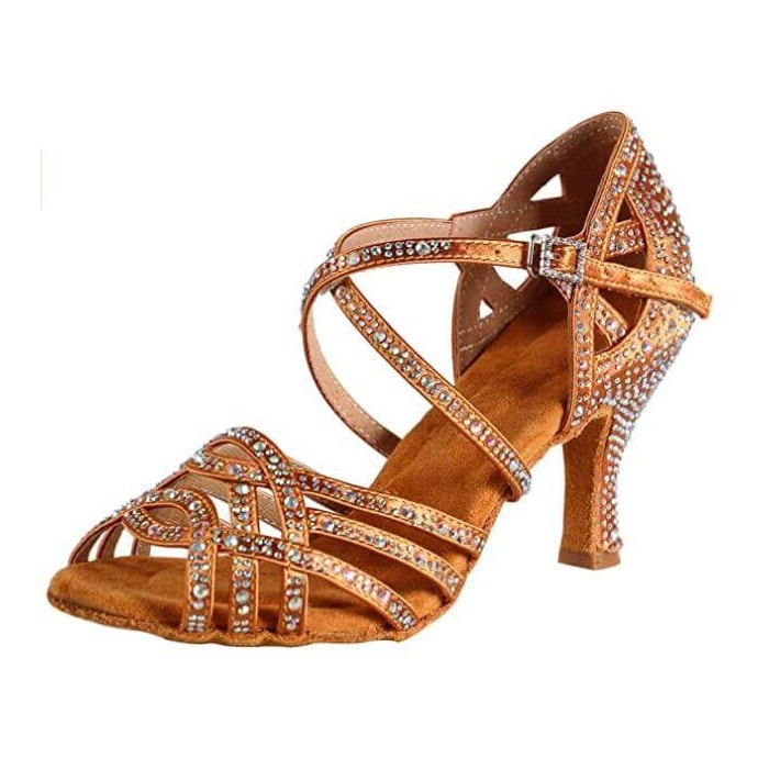 dark tan satin rhinestone dance shoe for women, woven crystal straps and crystal-covered flared heel