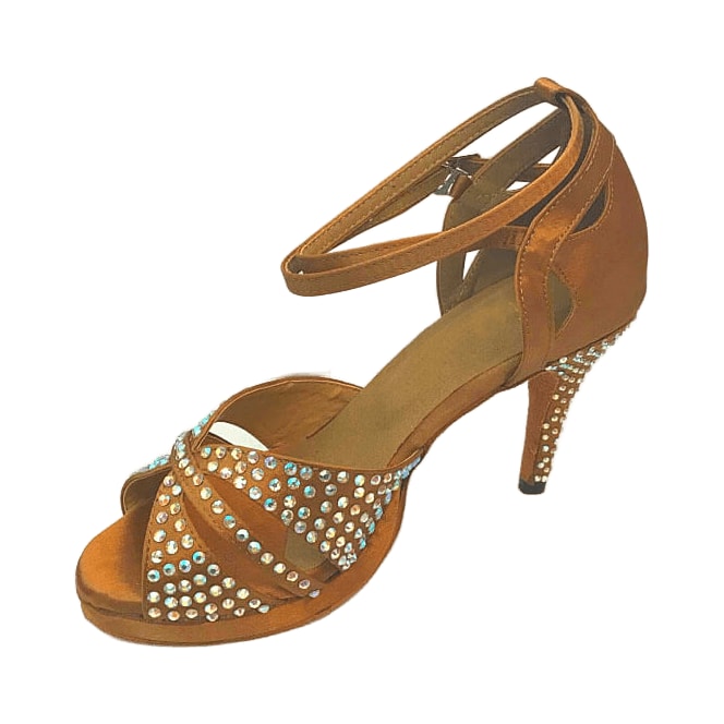 dark tan satin rhinestone samba platform dance shoe for women, crossed crystal toe straps and platform sole