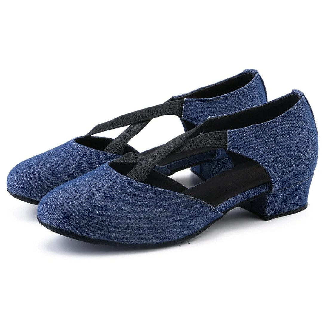 Blue denim ballroom dance shoes pair, closed round toe practice shoes with crossed black elastic straps and low block heel