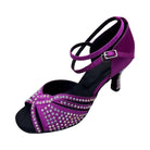 magenta satin diamante dance shoe for women with rhinestone-scattered toe and crystal-set flared heel