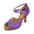 purple satin diamante ballroom dance shoe for women, rhinestone fan toe and crystal-covered flared heel