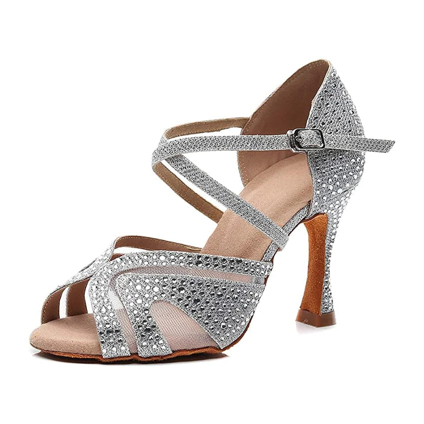 silver glitter diamante ballroom dance shoe for women, mesh panels and rhinestone-covered upper