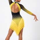 Yellow and black ombre long sleeve tassel dress, back view on model showing the open back