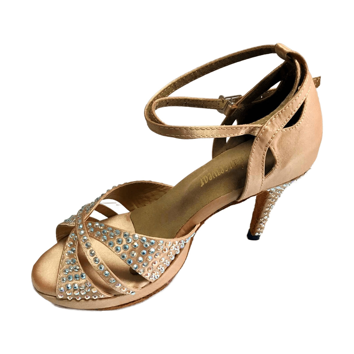 flesh satin rhinestone samba platform dance shoe for women, crossed toe straps and glitter heel