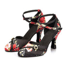 floral print closed-toe ballroom dance shoes for women, crisscross ankle straps and curved heel