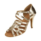 gold metallic latin dance shoe for women with a caged multi-strand vamp, circular loop detail at the toe and a slim stiletto heel