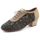gold and black floral lace mesh oxford-style ballroom dance shoe for women, 1.5 inch cuban heel