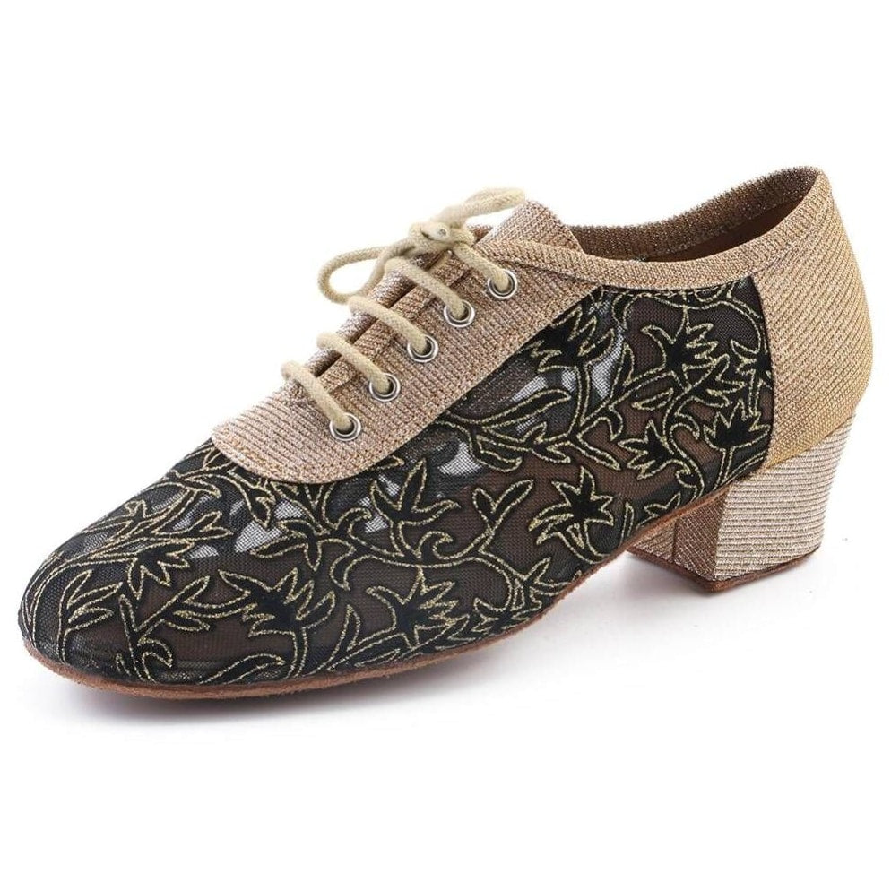 gold and black floral lace mesh oxford-style ballroom dance shoe for women, 1.5 inch cuban heel
