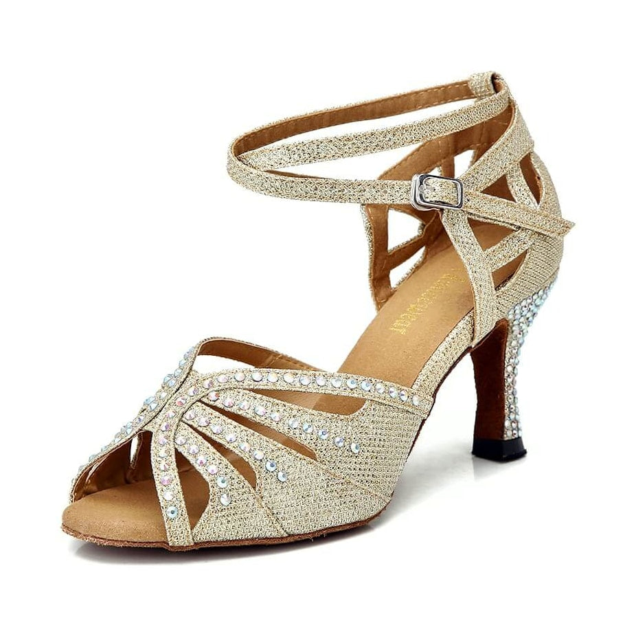gold glitter diamante ballroom dance shoe for women, rhinestone fan toe and crystal-set flared heel