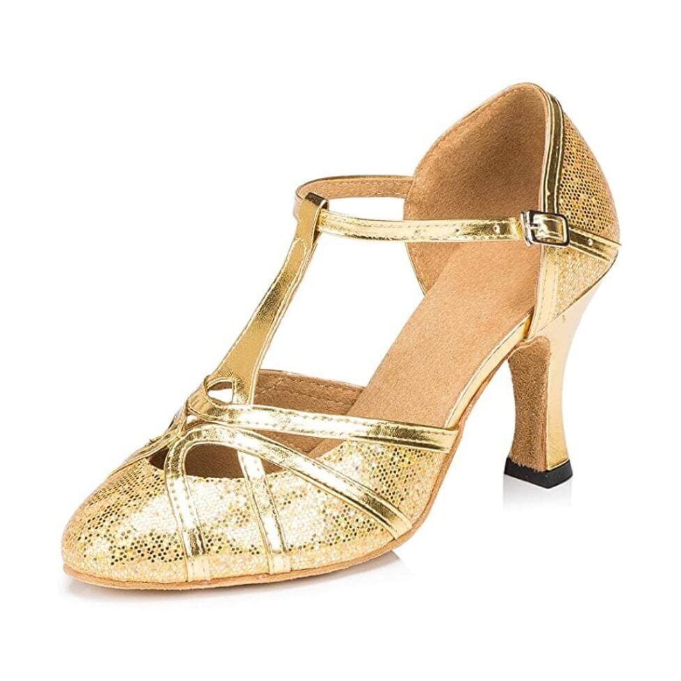gold glitter closed-toe ballroom dance shoe for women, t-strap with cutout detail and flared heel