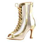 gold metallic and ivory mesh lace-up open-toe dance boot for women with a curved flared heel