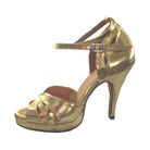 gold metallic samba platform dance heel for women with crossover toe straps, ankle strap and a tall stiletto heel