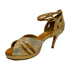 gold glitter samba platform dance shoe for women, crisscross rhinestone toe straps and slim high heel
