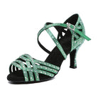 green satin rhinestone performance dance shoe for women, crystal-lined straps and flared heel