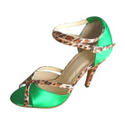 green satin latin dance shoe for women with leopard print trimmed straps, peep toe and slim stiletto heel