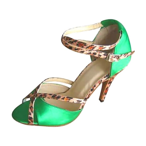 green satin latin dance shoe for women with leopard print trimmed straps, peep toe and slim stiletto heel