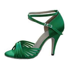 green satin latin dance shoe for women with fanned multi-strand toe straps, crossed ankle strap and a stiletto heel