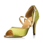 green satin latin dance shoe for women with a gold snakeskin trimmed strap, peep toe and slim stiletto heel