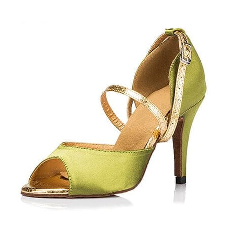 green satin latin dance shoe for women with a gold snakeskin trimmed strap, peep toe and slim stiletto heel