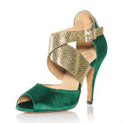 green satin Latin dance shoe with gold snake-print crossover straps, open toe and silver buckle