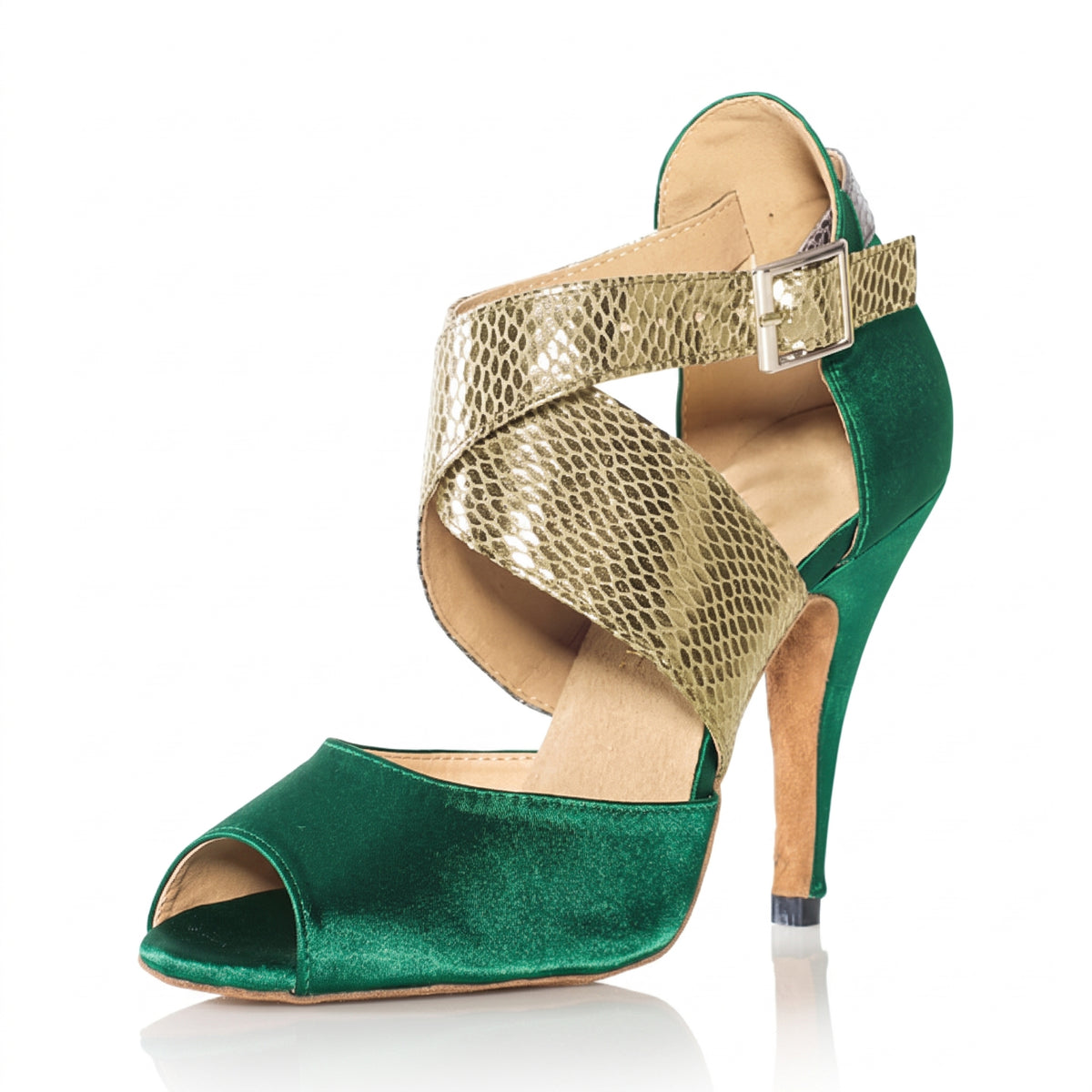 green satin Latin dance shoe with gold snake-print crossover straps, open toe and silver buckle