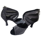 pair of pewter glitter latin dance boots for women with mesh cutout panels, back zip, peep toe and flared heels