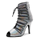 grey holographic glitter lace-up peep-toe ballroom dance boot for women, black laces and stiletto