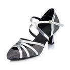 grey glitter closed-toe ballroom dance shoe for women, silver crisscross ankle strap