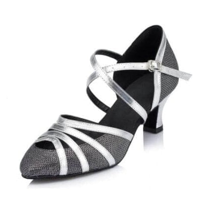 grey glitter closed-toe ballroom dance shoe for women, silver crisscross ankle strap
