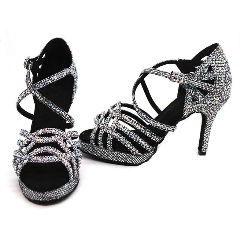 pair of grey glitter rhinestone samba platform dance heels for women with crystal-covered straps