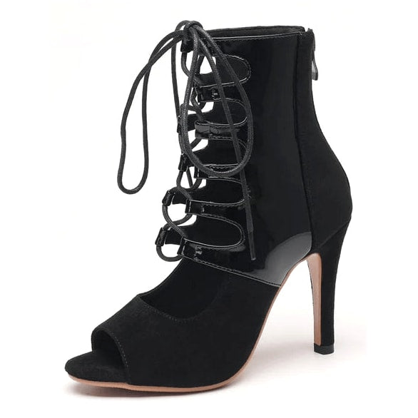 black suede dance boot for women with patent ladder straps, laced peep-toe front and stiletto heel