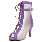 purple suede and sheer mesh lace-up open-toe dance boot for women, buckled ankle strap and stiletto heel