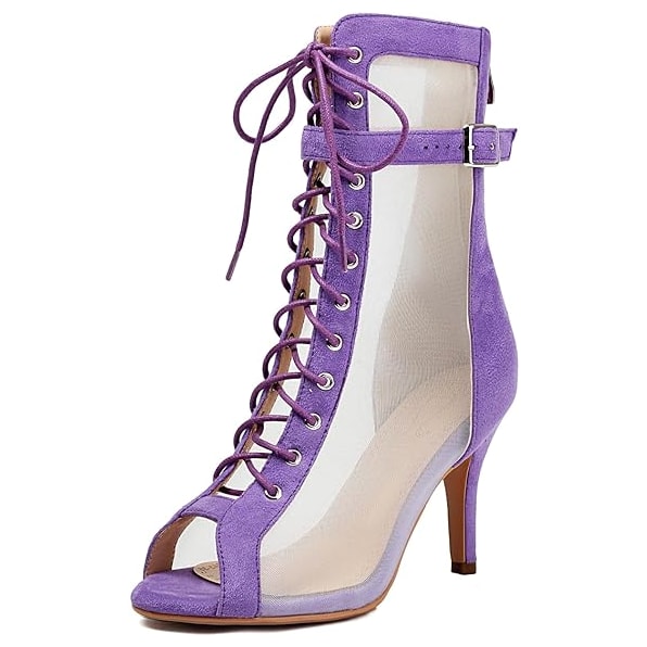 purple suede and sheer mesh lace-up open-toe dance boot for women, buckled ankle strap and stiletto heel