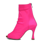 hot pink stretch lycra sock-style open-toe dance bootie for women, back zip and curved flared heel