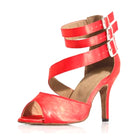 red latin dance shoe for women with a wide crossover vamp, triple buckled ankle straps, peep toe and stiletto heel