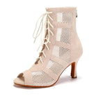 nude suede and honeycomb mesh lace-up open-toe jazz dance booties for women with flared heel