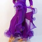 Purple mermaid ballroom dance skirt with rolled organza ruffle hem, full length view