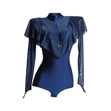 Latin Dance Leotard Mesh Cape Ruffle Mock Neck Bodysuit, view 2