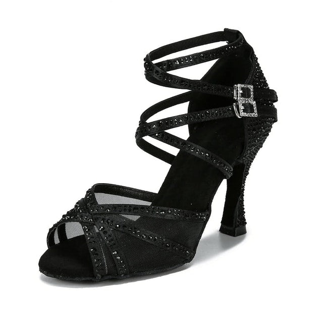 black mesh ballroom dance shoe for women with black rhinestone straps and double crystal buckles