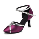 purple satin closed-toe ballroom dance shoe for women, crisscross ankle strap with silver trim