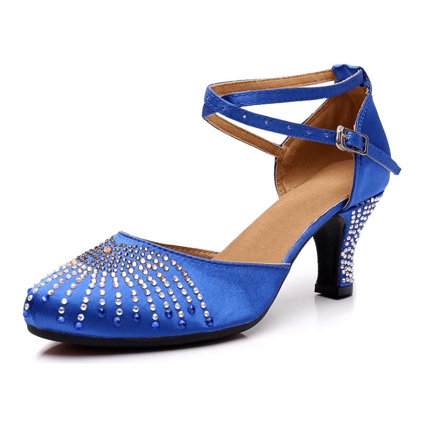 blue satin closed-toe ballroom dance shoe for women, rhinestone sunburst toe and crisscross ankle straps