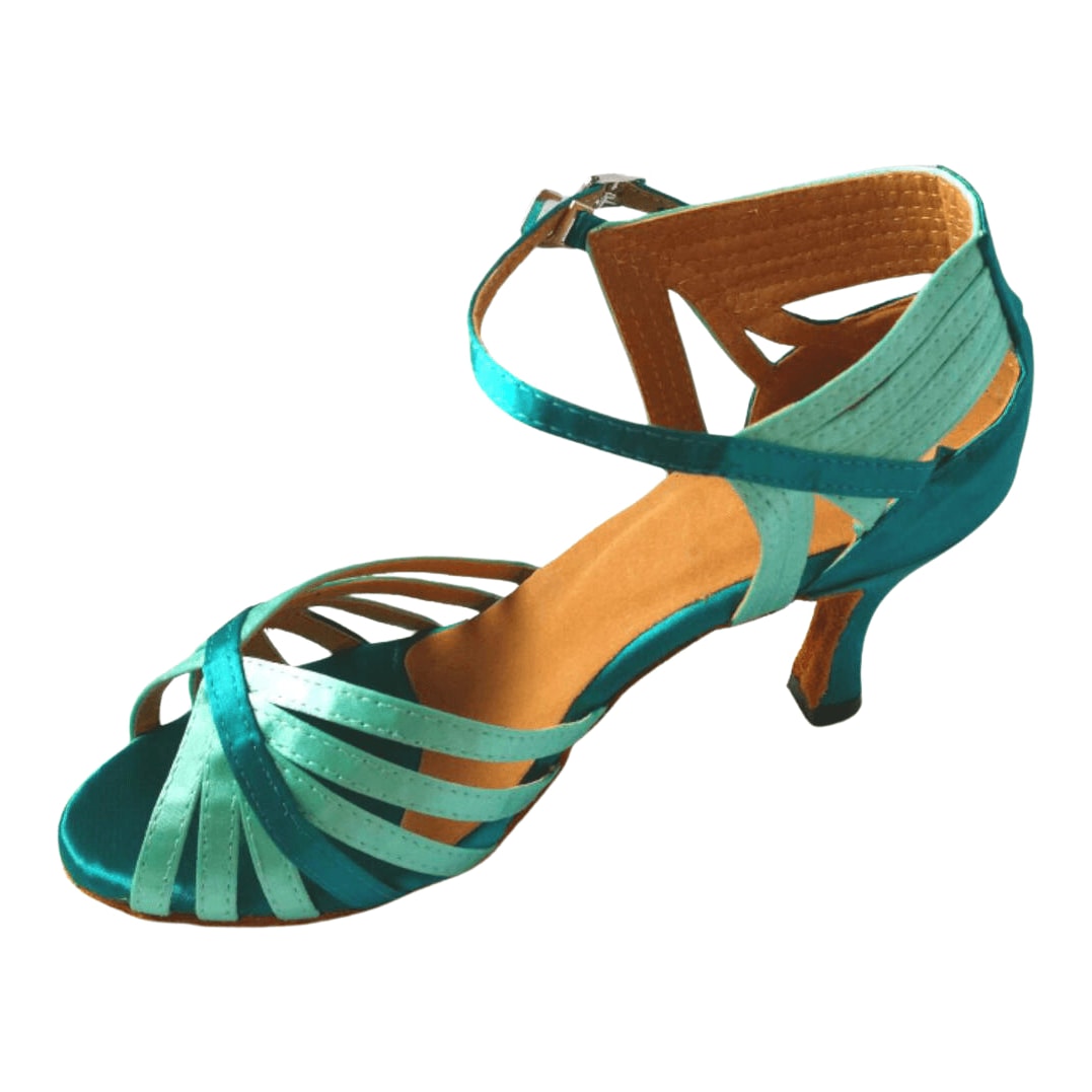 teal satin latin dance shoe for women with fanned two-tone toe straps, crossed ankle strap and a flared heel