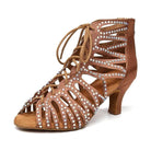 tan satin rhinestone dance boot for women, caged strap front, peep toe and short flared heel