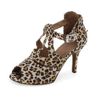 leopard print latin dance shoe for women with a knotted T-strap vamp, peep toe and slim stiletto heel