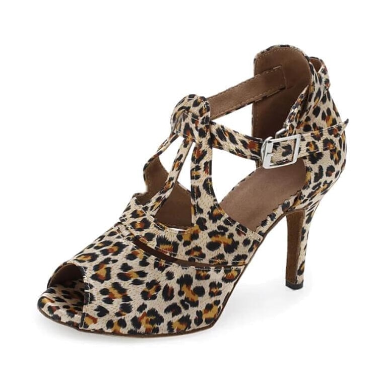leopard print latin dance shoe for women with a knotted T-strap vamp, peep toe and slim stiletto heel