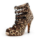 leopard print suede lace-up caged dance booties for women with black laces and stiletto heel