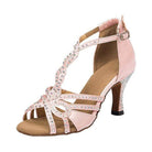 light pink satin latin dance shoe for women, rhinestone loop t-strap and crystal-covered flared heel