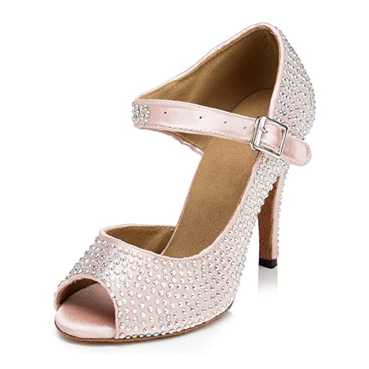 light pink satin ballroom dance shoe for women densely set with AB rhinestones, peep toe and ankle strap