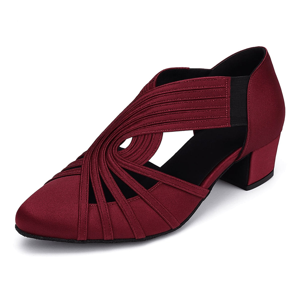 burgundy satin closed-toe ballroom dance shoe for women, swirled strap design and low cuban heel